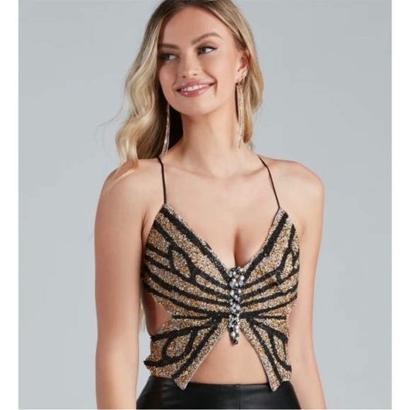 Windsor Beaded Butterfly Halter Top Strappy Back Sparkly Rhinestones Black/Gold - Picture 1 of 10